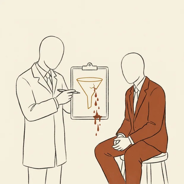 The clinician points to a scan that reveals the leak, the diagnosis confirmed