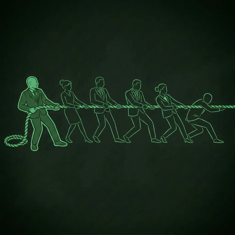 A business owner leading one unified team, all pulling one rope in the same direction