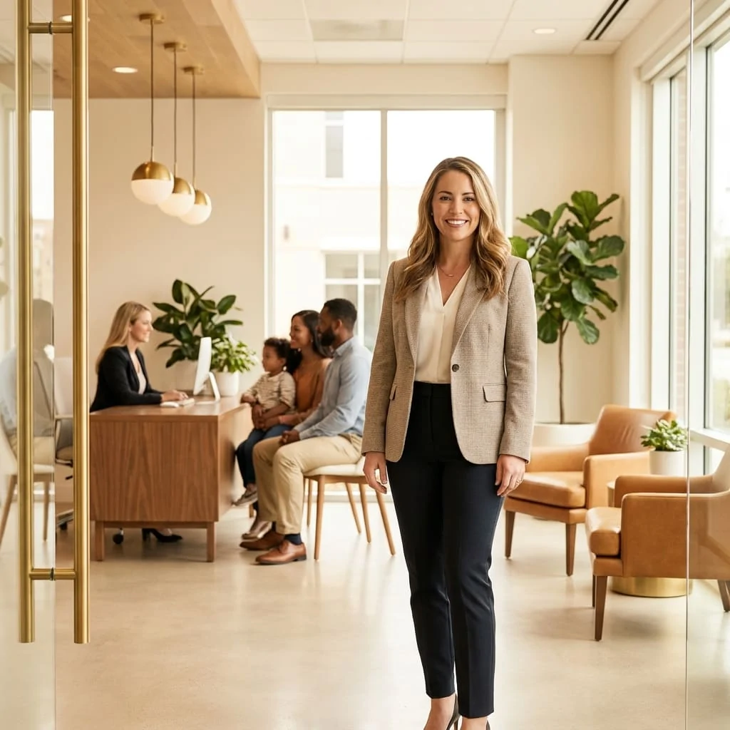 A confident immigration attorney in a bright modern law office, with a happy client family being welcomed in the background