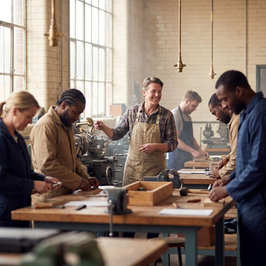 A vocational trade instructor guiding a full classroom of engaged students in a hands-on training workshop