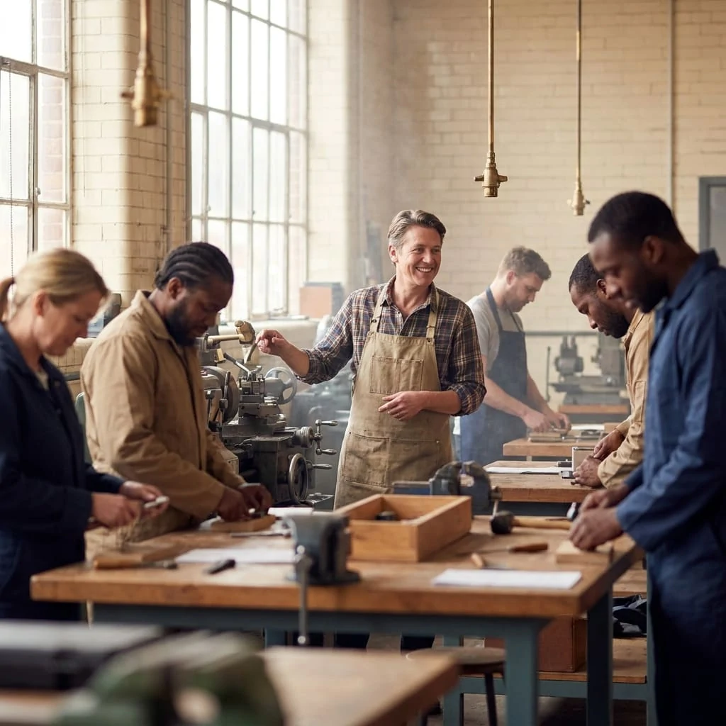 A vocational trade instructor guiding a full classroom of engaged students in a hands-on training workshop