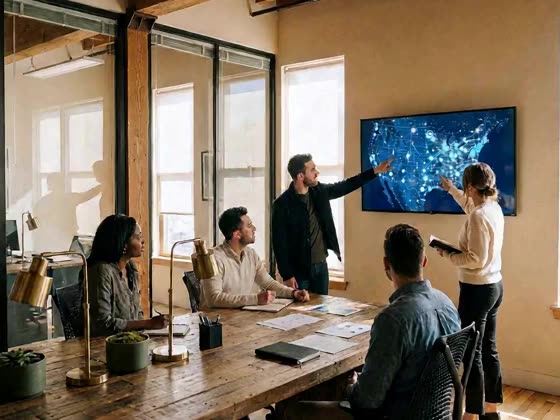 A franchise leadership team reviewing territory performance on a wall screen