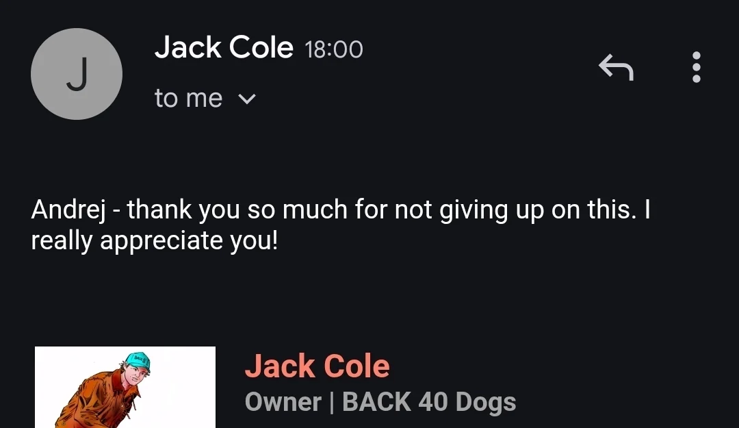 Jack Cole, owner of Back 40 Dogs, thanking the team
