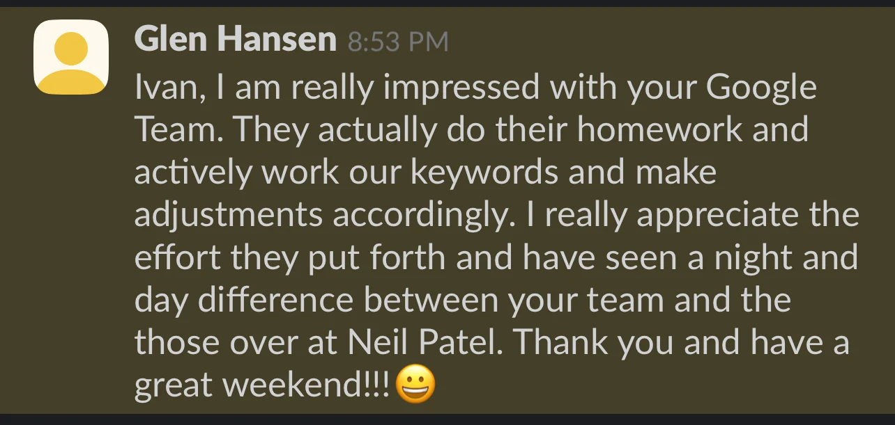 Client praising the Google Ads team's keyword work
