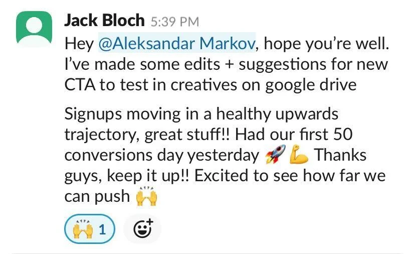 Client: first 50 conversions day, thanks guys keep it up
