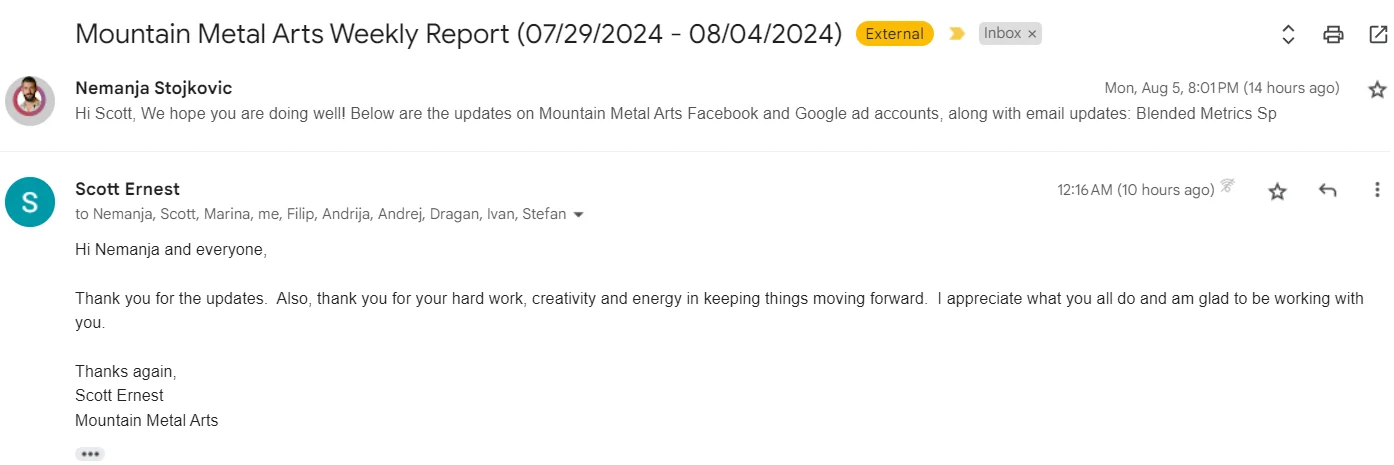 Mountain Metal Arts thanking the team for their creativity and energy