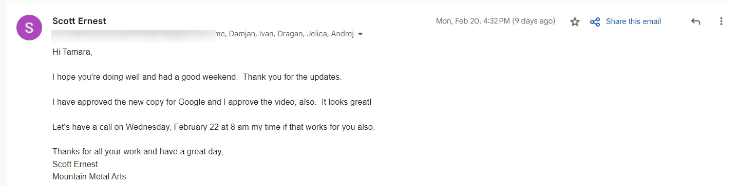 Mountain Metal Arts approving new Google copy and video